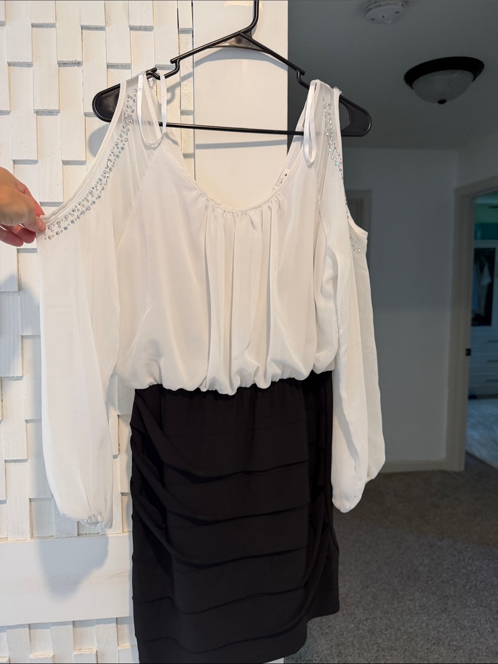 Deb White and Black Cold-Shoulder Midi Dress with Embellished Shoulders